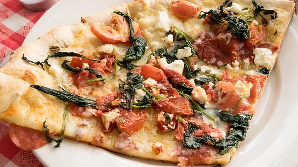 Mediterranean Pizza · Spinach, feta cheese,mozzarella cheese, marinated tomato, romano, olive oil & garlic