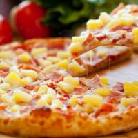 Hawaiian Pizza · Our secret recipe pizza sauce loaded with ham, pineapple chunks and topped with an extra amo...