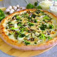 Veggie Alfredo Pizza · Broccoli, mushroom, spinach, tomato, alfredo sauce, topped with scallion.