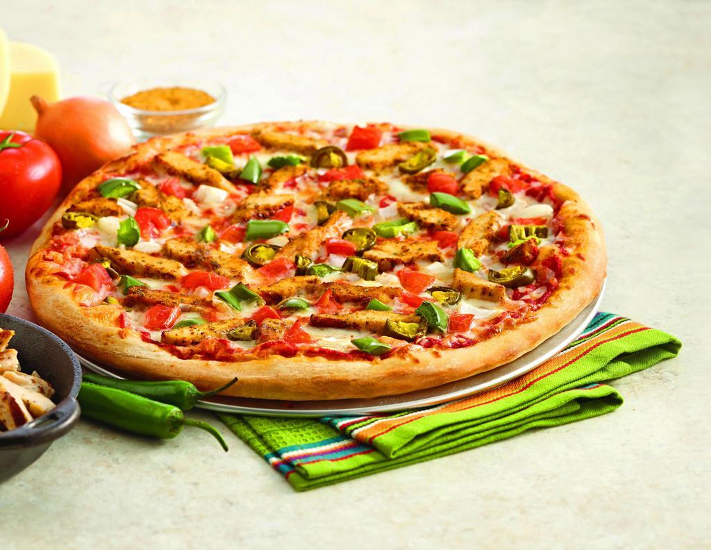 Chicken Fajita Pizza (Small) · Hand-Tossed. Our secret recipe pizza sauce topped with grilled marinated chicken breast, fresh tomatoes, fresh green peppers, fresh onions, jalapeño peppers and our special blend of 100% fresh natural cheeses, sprinkled with fajita seasoning.
