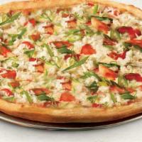 Maryland Style Crab Pizza · Handfuls of flavorful crabmeat and Fresh tomatoes in our old bay spiced alfredo sauce, toppe...