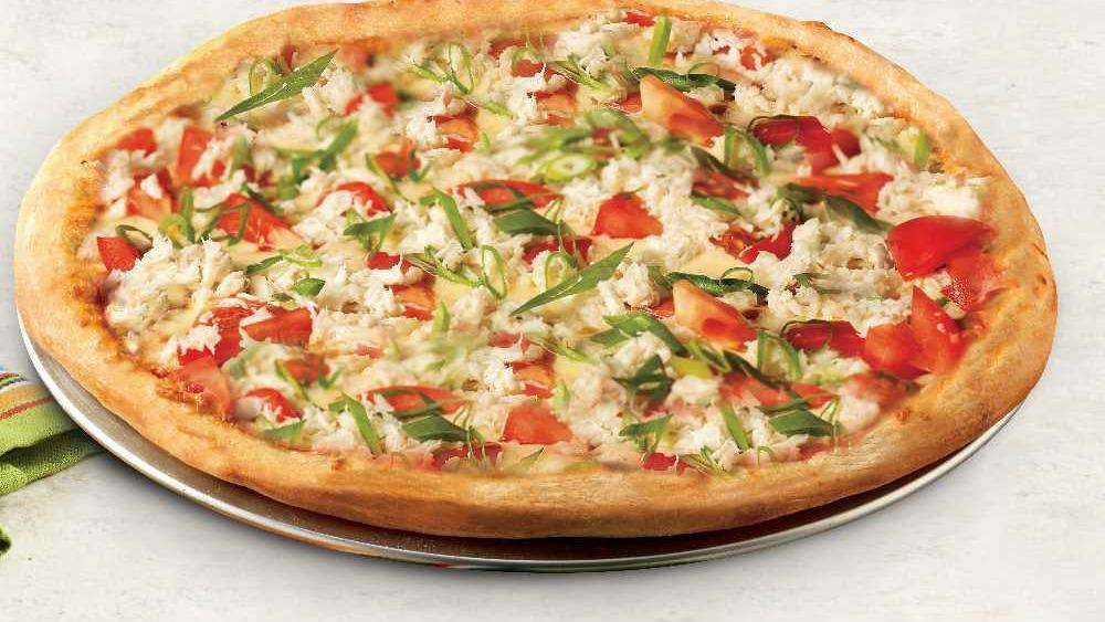 Maryland Style Crab Pizza · Handfuls of flavorful crabmeat and fresh tomatoes in our old bay™ spiced alfredo sauce, topped fresh-cut scallions with our special blend of 100% fresh natural cheeses.