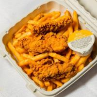 Chicken Strips (3) With Fries (Large) · 3pcs chicken strips with crispy French fries. Served with honey mustard.