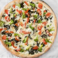 Primavera Pizza · White with tomatoes, mushrooms, broccoli, spinach, in a bed of Mozzarella cheese with fresh ...