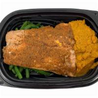 #33. Blackened Salmon · With a sweet honey glaze, served with mashed sweet potato and sautéed green beans.