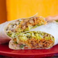 Veggie Burrito · Poblano peppers, grilled corn, onions, tomatoes, nopales, lettuce, pinto beans, rice, pico d...