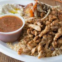 Chicken Shawarma Pl · Thinly sliced chicken thighs marinated in shawarma spices, grilled.