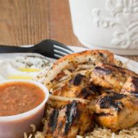 Chicken Kebab Pl · Marinated chicken breast cubes grilled and charboiled.