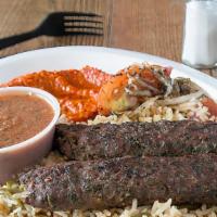 Kafta Kebab Pl · Seasoned ground beef kebabs with onion and parsley, grilled and charboiled.