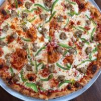 Sausage And Pepper Pie- · red, mozzarella, provolone, ground italian sausage, green bell pepper
