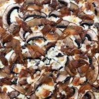 Mushroom And Onion Pie- · roasted garlic olive oil, mozzarella, provolone, roasted cremini mushrooms, caramelized onions