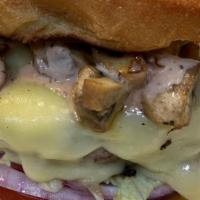 Marsala Mushroom Swiss Burger · This burger is beef patty, covered with mushrooms sautéed in buttery marsala wine, and garli...