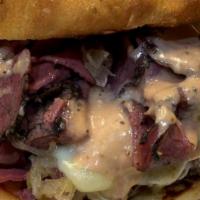 Reuben Burger · Start with grilled pastrami piled with a sweet relish/sauerkraut mix and topped with melted ...