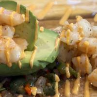 Shrimp Avocado Bowl · Avocado topped with sautéed shrimp, pico de gallo, and spicy mayo.