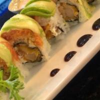 Dragon  · Shrimp tempura, spicy kani, and cream cheese topped with spicy tuna and avocado.