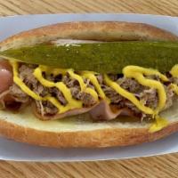 Cubano Dog · ham, citrus pulled pork, mustard, pickle, swiss cheese