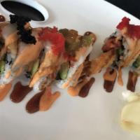 Snow White Roll · Inside: spicy tuna, avocado, shrimp tempura.
Outside: white tuna and 4 color tobiko with spi...