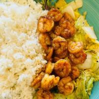 Shrimp Teriyaki 铁板虾 · Served with mixed vegetables and white rice.