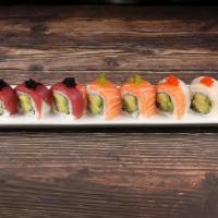 Tri Color Roll · Tuna, salmon, yellowtail, avocado, cucumber and three kinds of flying-fish roe