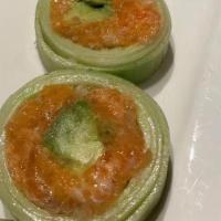 Spicy Salmon Delight · Spicy salmon, avocado and tempura  flakes rolled in cucumber