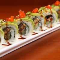 Caterpillar Roll · Avocado and flying-fish roe on top of eel cucumber roll. Served with eel sauce