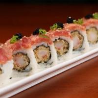 Sunset Roll · Spicy tuna and flying-fish roe on top of shrimp tempura roll