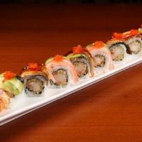 Alligator Roll · Eel, crab sticks, avocado, cucumber and flying-fish roe on top of shrimp tempura roll. Serve...