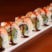 Scorpion Roll · Shrimp on top of eel, avocado and cucumber. Served with eel sauce