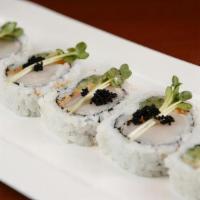 Spicy Scallops Roll · Scallops，cucumber，spicy mayo and tempura flake. Served with radish  sprout and black flying ...