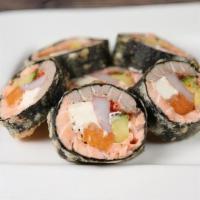 Genki Ya Roll · Tuna, salmon, crab stick, avocado, sweet potato tempura, cream cheese and flying-fish roe. D...