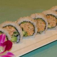 Salmon Monster Roll · Baked salmon, crab, avocado, cucumber, flying-fish roe, lettuce and spicy mayo