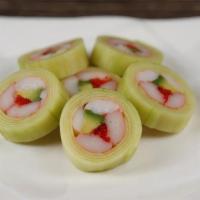 Naruto · Shrimp, crab stick, avocado, flying-fish roe rolled in cucumber with spicy mayo on top and l...
