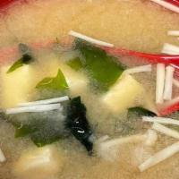 Miso Soup · Enoki mushrooms, tofu, scallions and seaweed served in soy beans fish broth. Vegetarian miso...