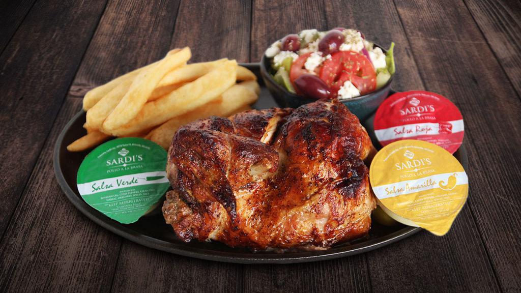 Half Chicken · Half marinated Purdue Farm fresh, Grade A, all natural charcoal roasted rotisserie chicken. Served with two regular sides.