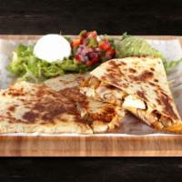 Quesadilla  · Flour tortilla loaded with pollo a la brasa and jack cheddar cheese. Served with fresh pico ...