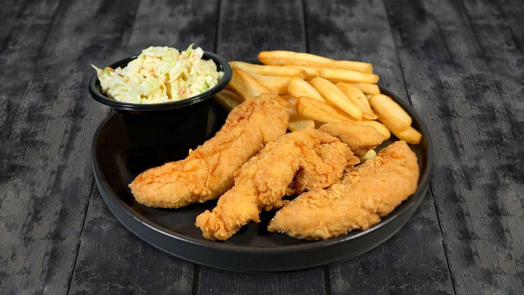 3 Chicken Tenders · 3 tenders, marinated and fried to golden brown. Served naked and paired with a choice of our amazing house made sauces with your choice of 2 sides.