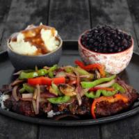 Carne Asada · Grilled 8oz USDA Choice skirt steak topped with pepper and onions. Served with choice of 2 s...