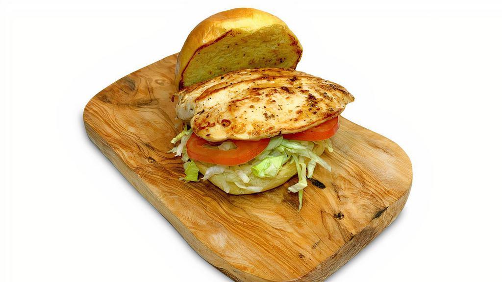 Grilled Chicken  · Char-grilled chicken breast topped with
lettuce, tomato, & chipotle mayonnaise on
a buttery brioche bun.