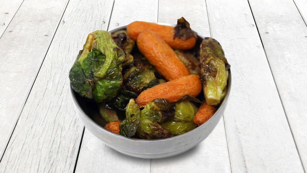 Brussels Sprouts & Carrots · Roasted fresh Brussels sprouts & carrots topped with balsamic glaze
