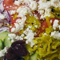 Greek Salad · Lettuce, tomatoes, cucumbers, onions, green peppers, Kalamata olives, feta cheese, pepperonc...