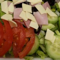 Dinner Salad · Lettuce pepperoni canadian bacon onions green peppers black olives cucumbers tomatoes and sw...