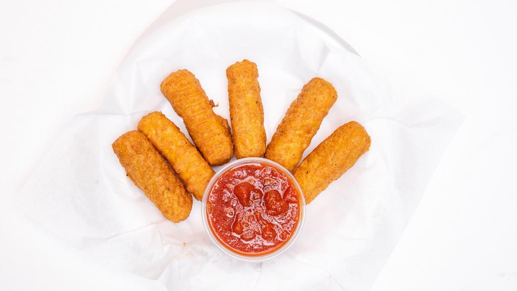 Mozzarella Sticks · Deep-fried cheese sticks. Crispy on the outside, gooey on the inside. Virtually guaranteed to be a table favorite! Served with a side of marinara sauce.