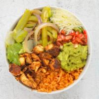 Grilled Chicken Burrito Bowl · Grilled chicken over Mexican rice, black beans, pico de gallo, and salsa.ice, black beans, a...