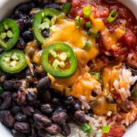 Bean And Cheese Burrito Bowl · Black beans and cheese over mexican rice, and salsa.