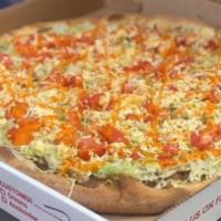 Taco Pizza · Steak, lettuce, tomato, hot sauce and Cheddar cheese.