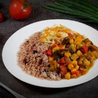 Curried Vegetables · Garbanzo beans (chickpeas), eggplant, stewed tomatoes in our special curry blend, on rice & ...