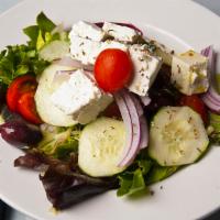 Greek · Lettuce, tomatoes, onions, kalamata olives, cucumbers, feta cheese, oil and vinegar.