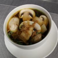 Mushroom Soup · Fish broth with mushroom and scallion.