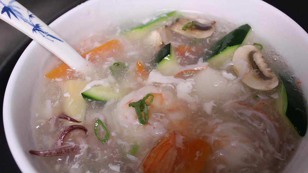 Seafood Soup · Fish broth with scallop, shrimp, crabmeat, fish cake and veggie.
