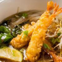 Shrimp Tempura Pho Noodle Soup · 3 shrimp tempura. Served with beef broth, onions, scallions, lemon, basil, and bean sprouts ...